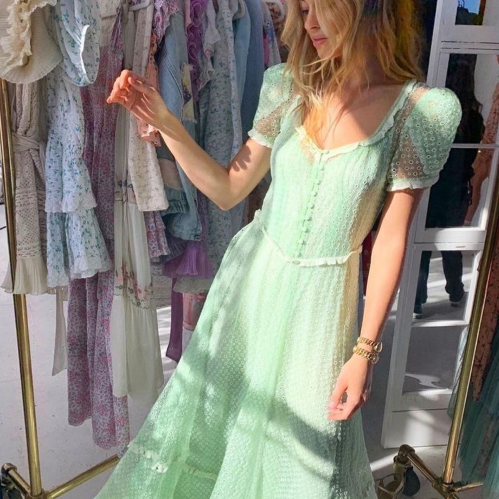 LoveShackFancy Embroidered Green Silk Tiered Maxi Dress